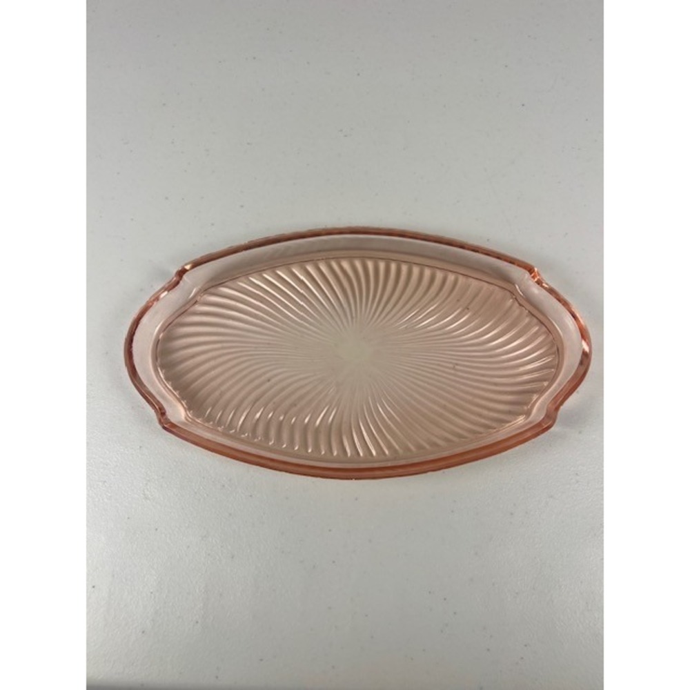 Vintage Pink Depression Glass Oval Tray Sunburst Ribbed Pattern 10 Inch